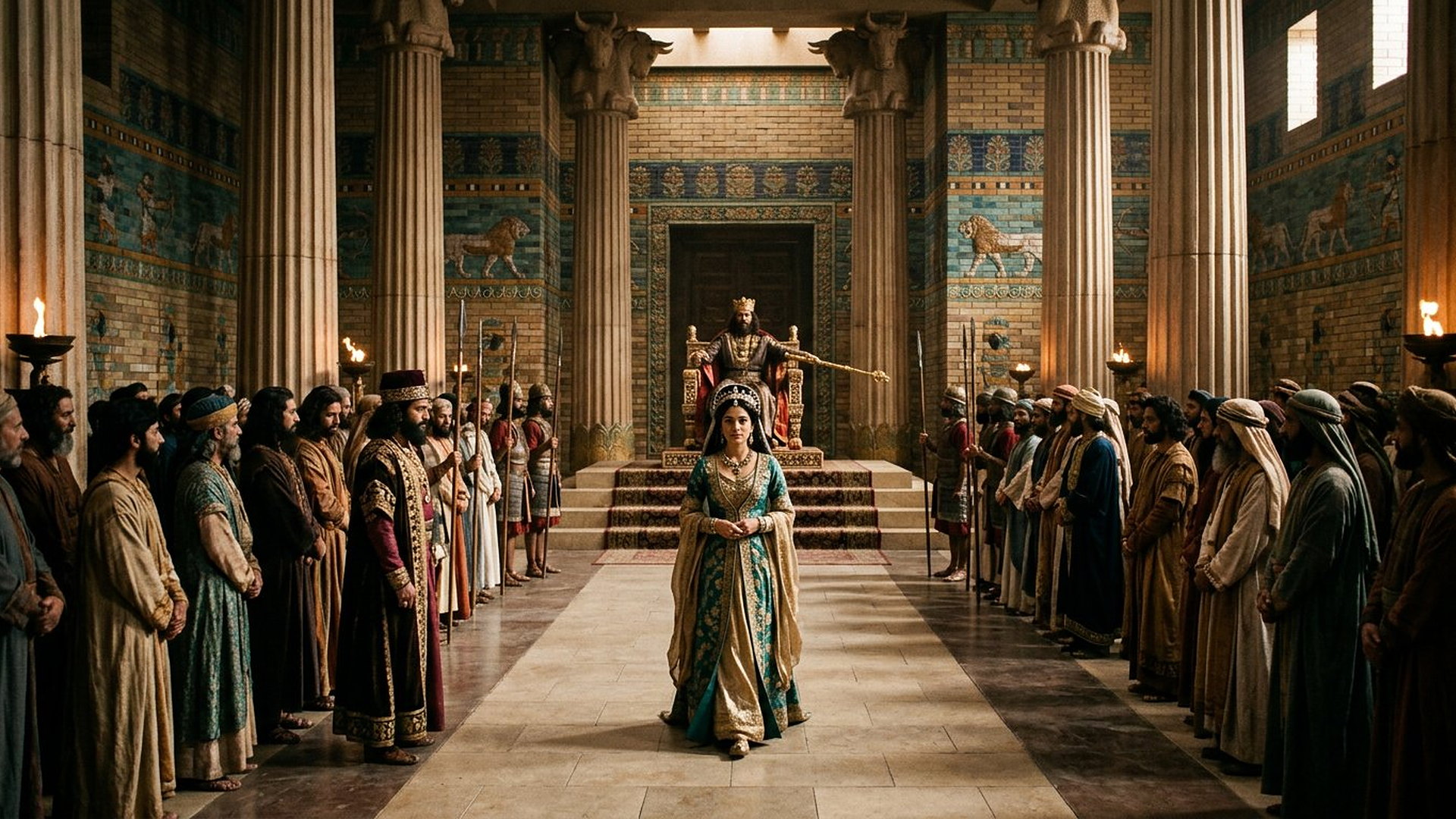 Salle du trône perse aux murs de briques émaillées à frises de lions, reine en robe turquoise et or s'avançant vers un roi qui tend son sceptre d'or