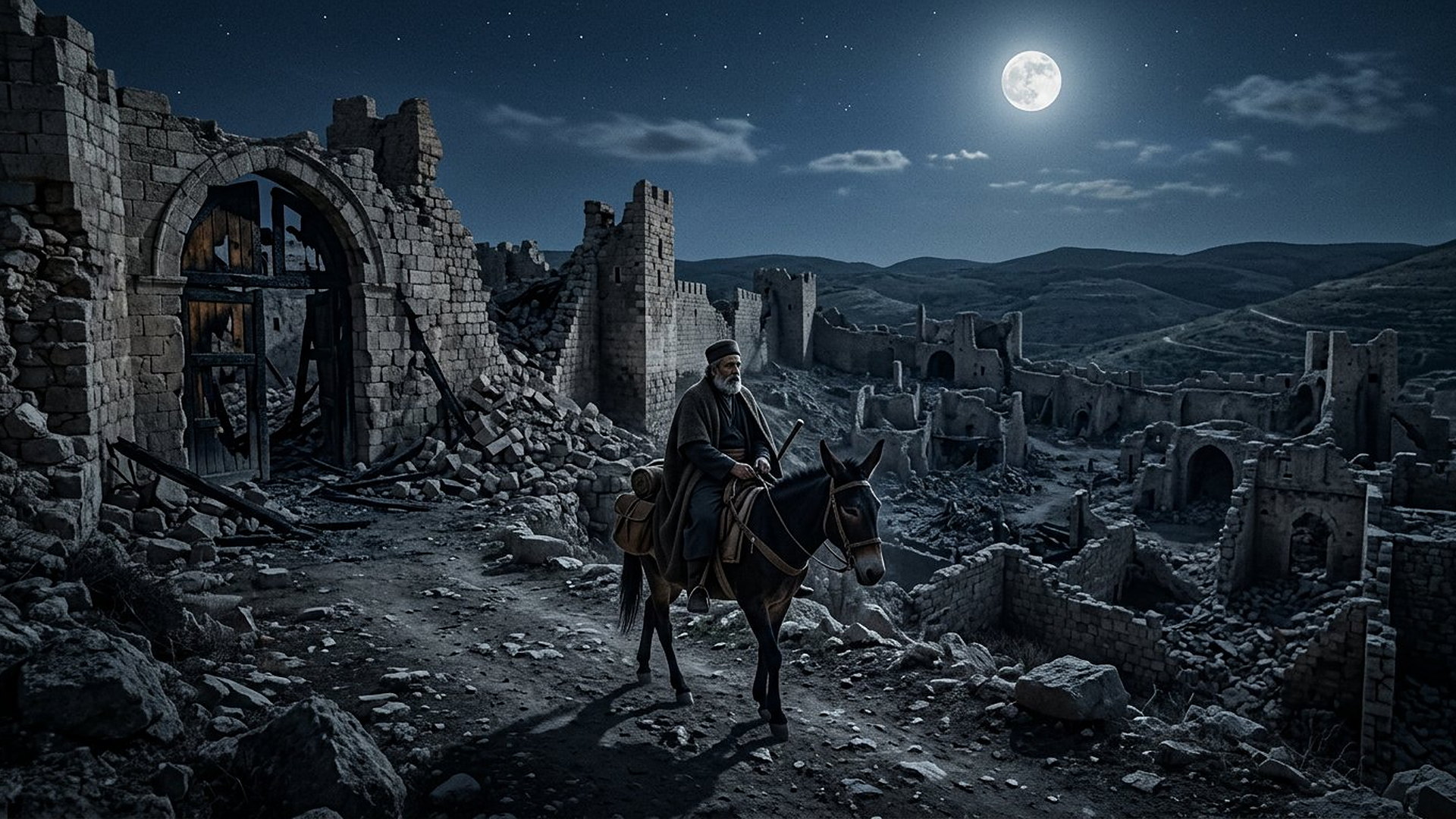 Cavalier solitaire sur une mule inspectant de nuit, au clair de lune, les murailles en ruines et les portes brûlées de Jérusalem