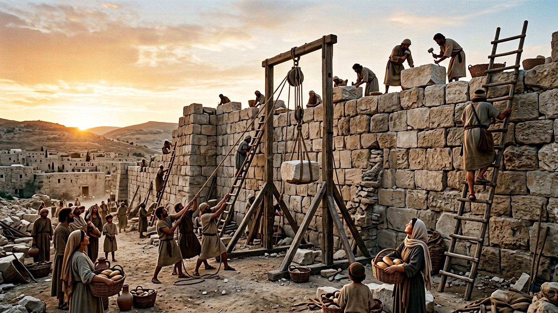 Ouvriers antiques relevant les murailles de Jérusalem à l'aube à l'aide d'échelles et d'un palan de bois, maçons posant de grands blocs de calcaire, femmes apportant des paniers de pain