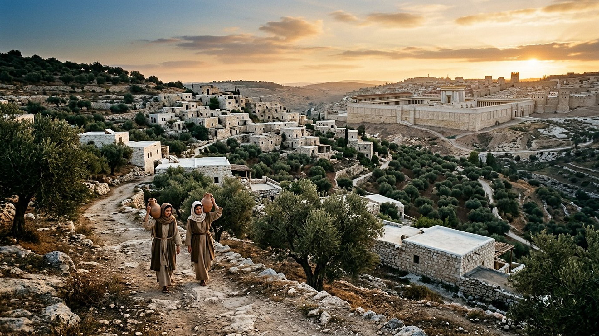 Village de Béthanie aux maisons de calcaire blanc parmi les oliviers à l'aube, deux sœurs portant des cruches sur le chemin, Jérusalem du Ier siècle et son temple au loin