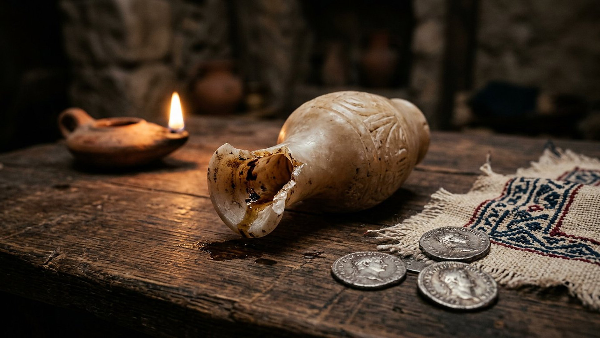 Petit flacon d'albâtre au col brisé couché sur une table de bois près de trois deniers d'argent et d'un linge brodé, à la lueur d'une lampe à huile