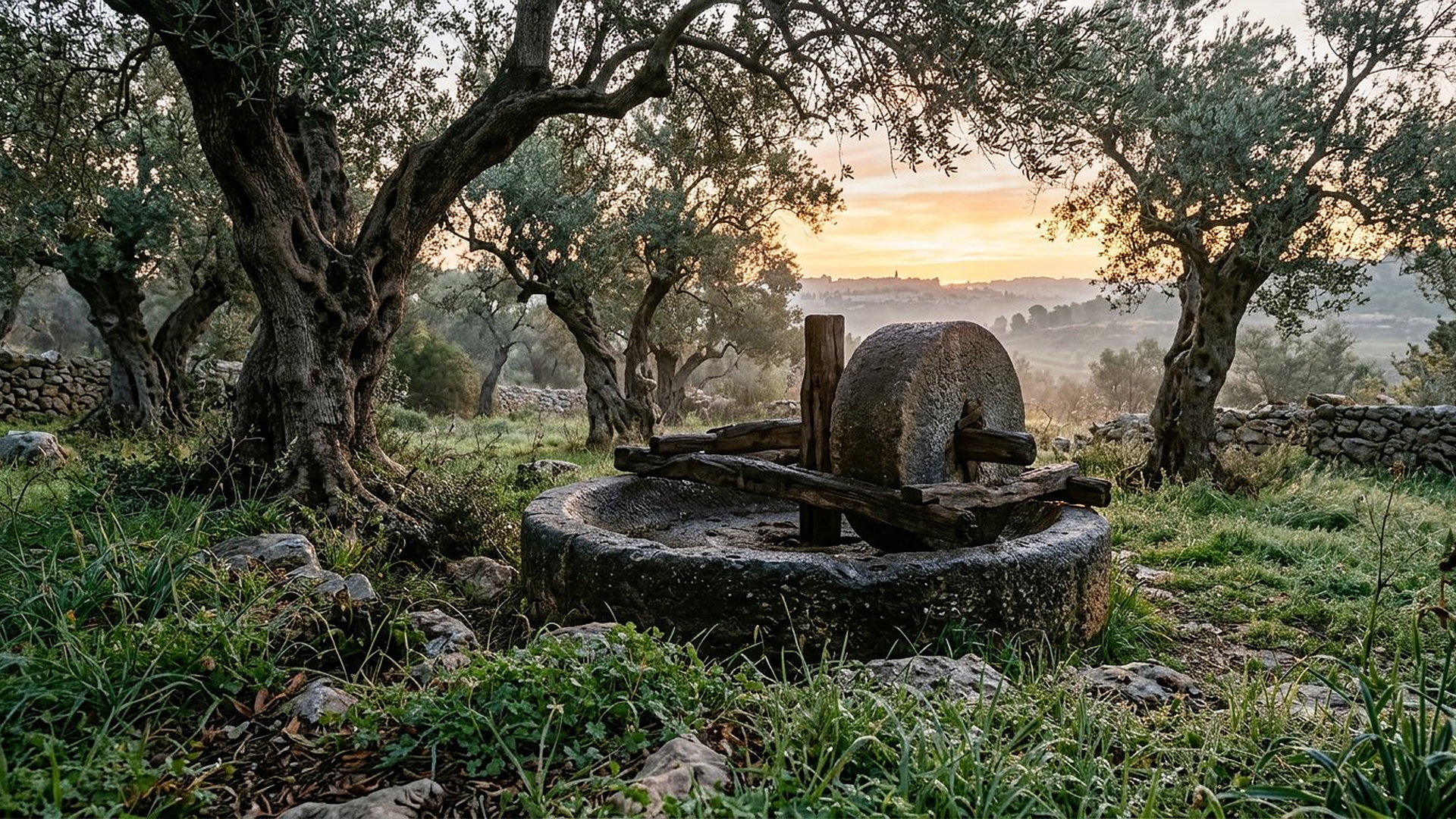 Pressoir à olives ancien en Pierre, meule circulaire et bassin, au milieu de très vieux oliviers noueux dans la lumière de l'aube, Jérusalem au loin