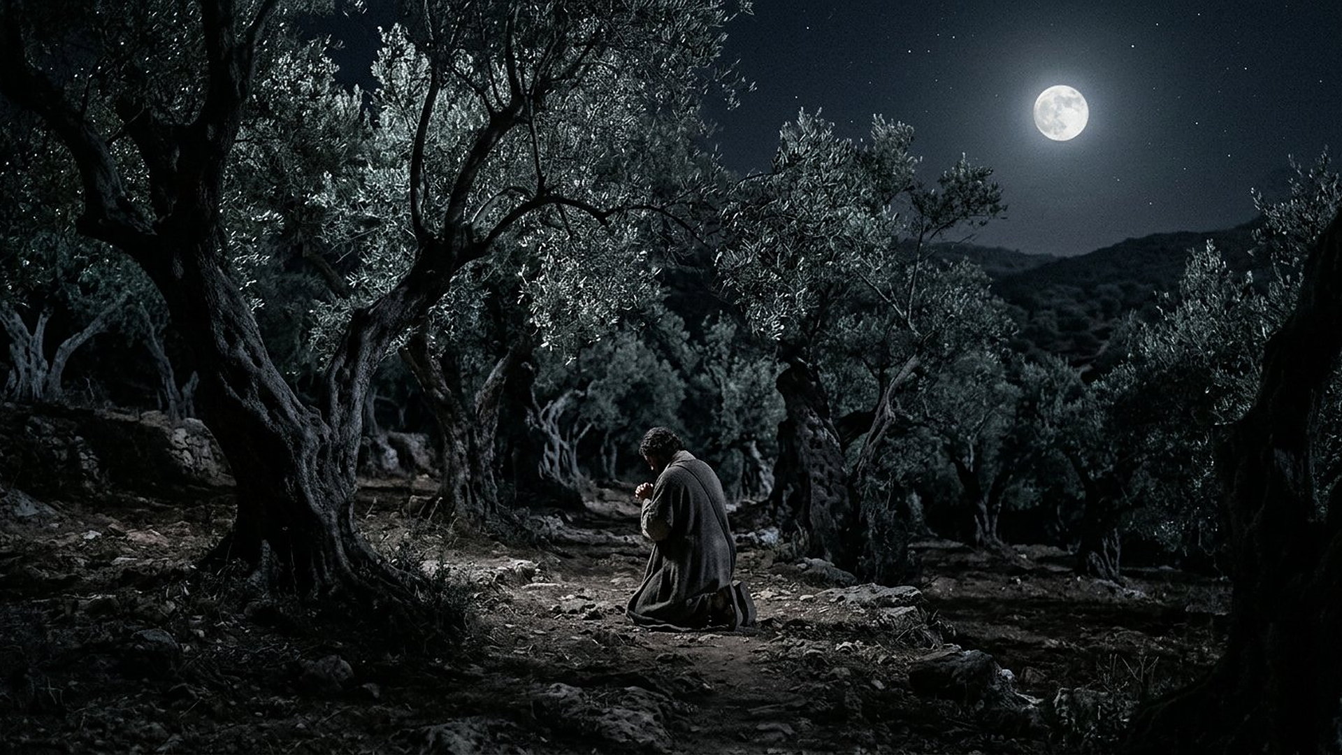 Oliveraie ancienne sous la pleine lune, un homme en robe simple agenouillé en prière, vu de dos et de loin entre les troncs noueux, visage invisible