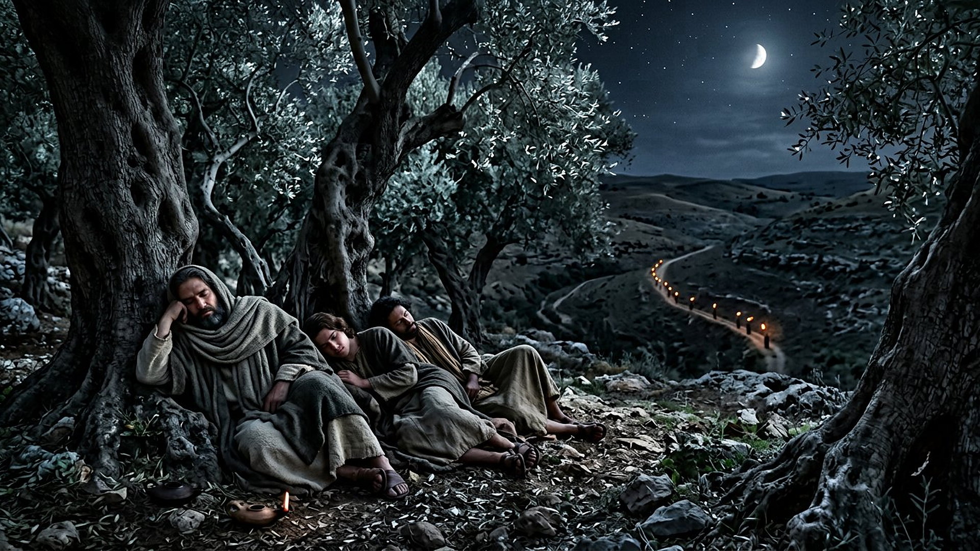 Trois disciples endormis contre des troncs d'oliviers sous un croissant de lune, et au loin dans la vallée une file de torches approchant sur le chemin