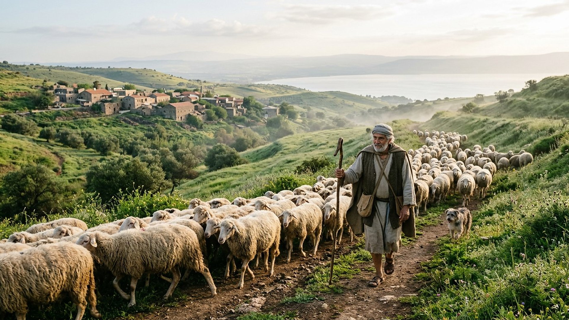 Berger âgé guidant un grand troupeau de brebis sur un sentier des collines vertes de Galilée au matin, village de Pierre et lac au loin, petit chien de berger