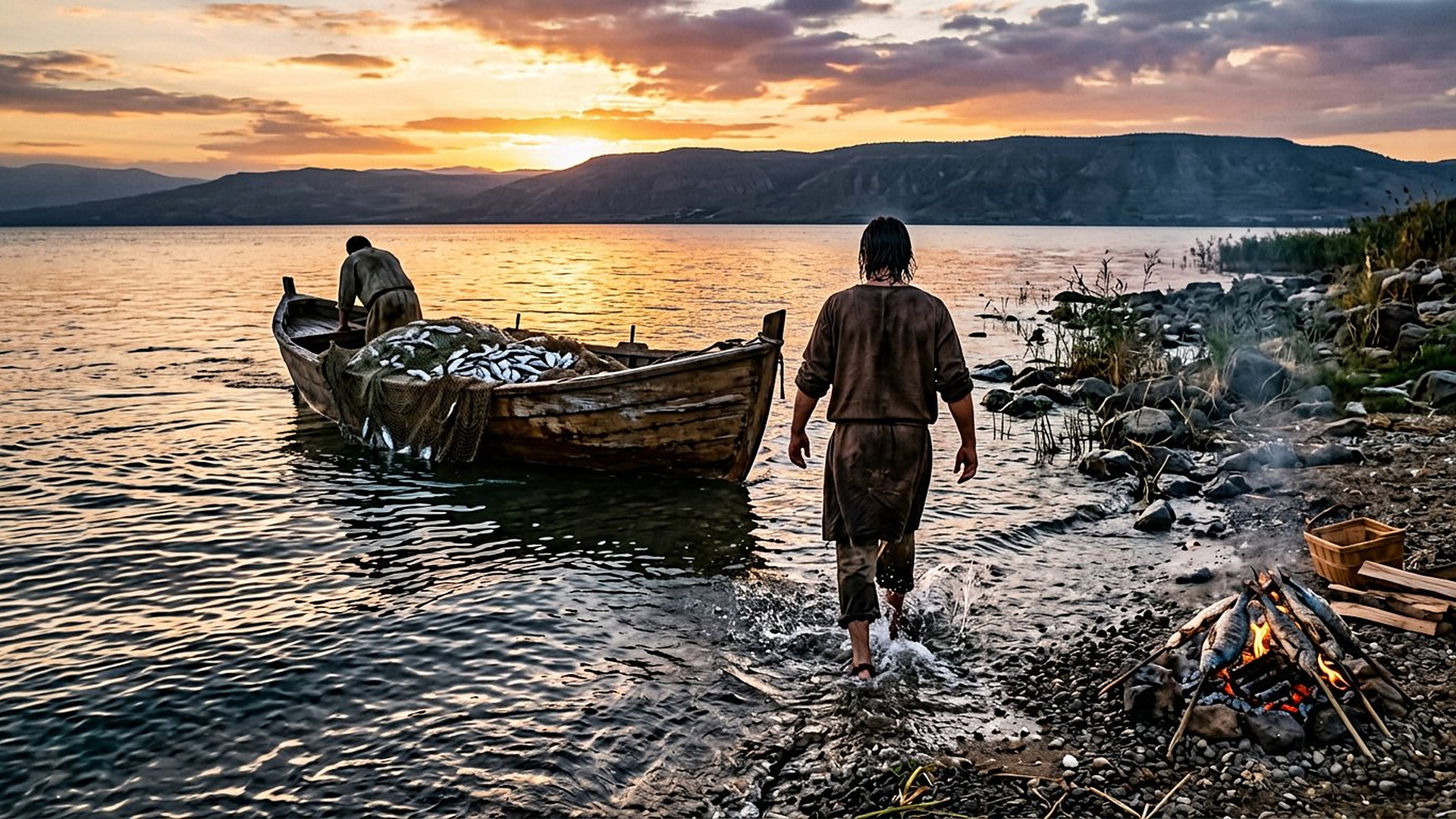 Aube sur le lac de Tibériade, barque de pêche chargée d'un filet plein de poissons, un pêcheur en tunique mouillée marchant dans l'eau vers un feu de braises où grillent des poissons
