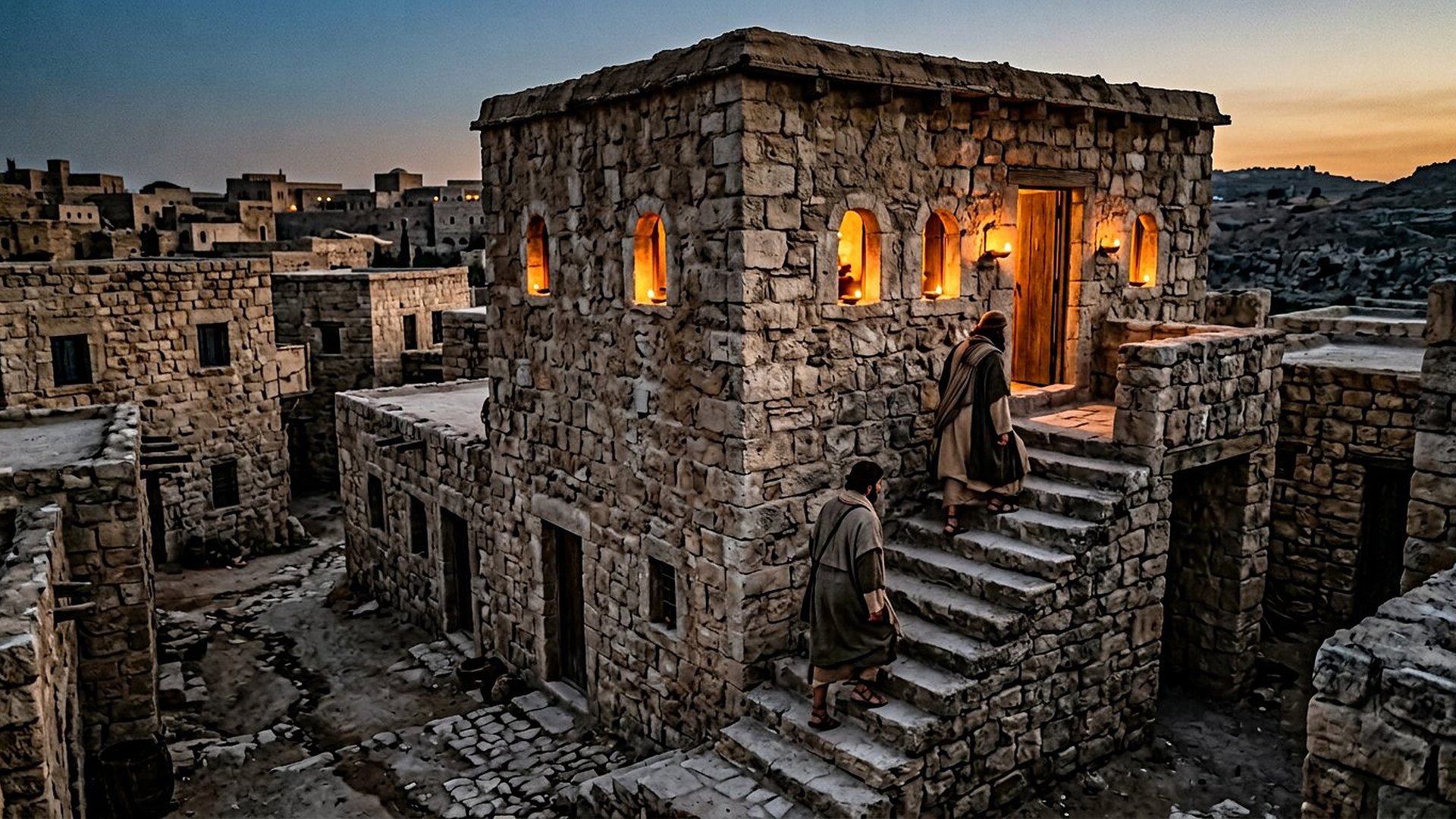 Maison de Pierre du Ier siècle à Jérusalem au crépuscule, escalier extérieur menant à une chambre haute aux fenêtres éclairées par des lampes, deux disciples montant les marches