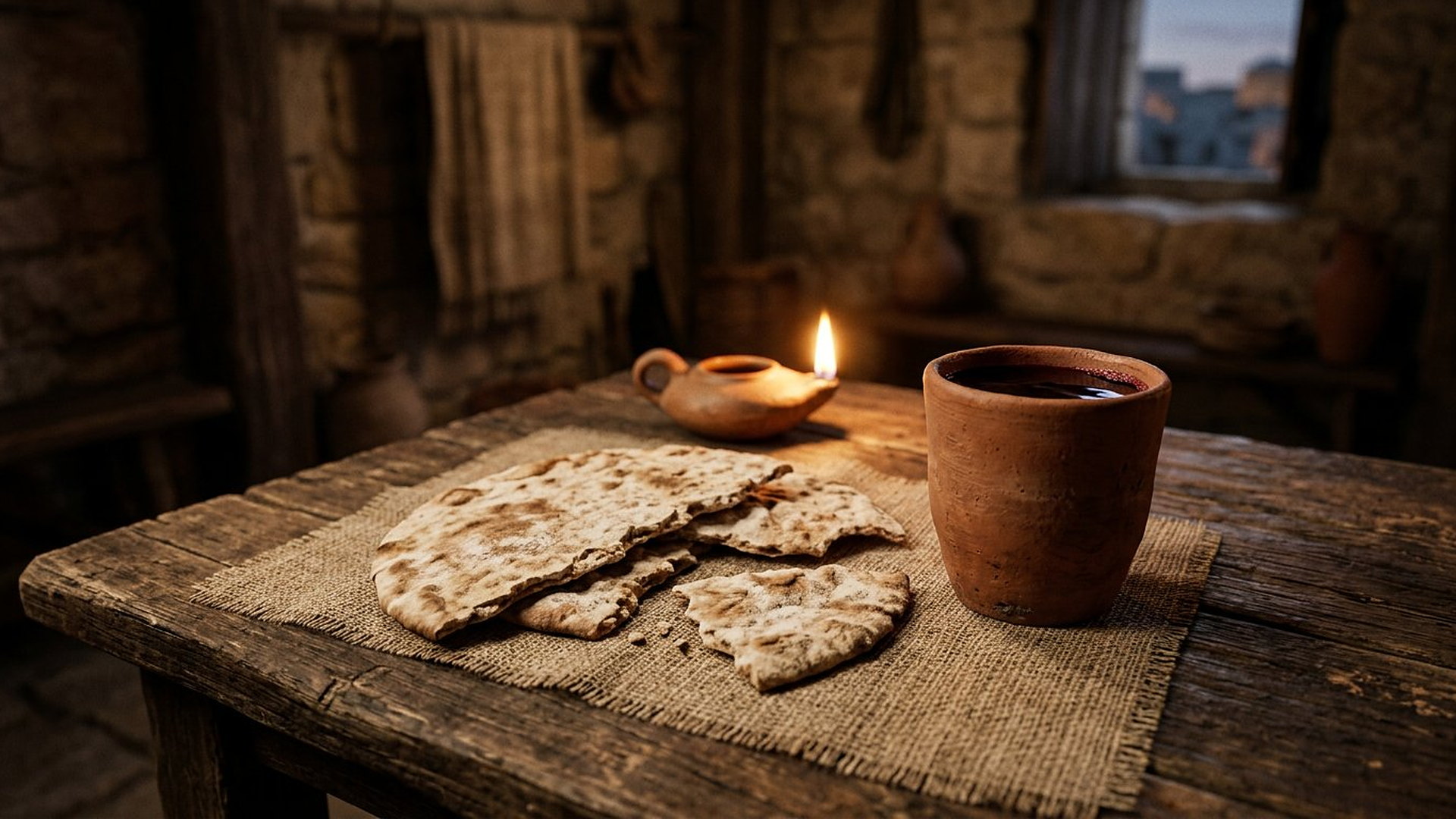 Gros plan d'un pain plat sans levain rompu sur un linge tissé et d'une coupe de terre cuite pleine de vin rouge, sur une table de bois à la lueur d'une lampe à huile