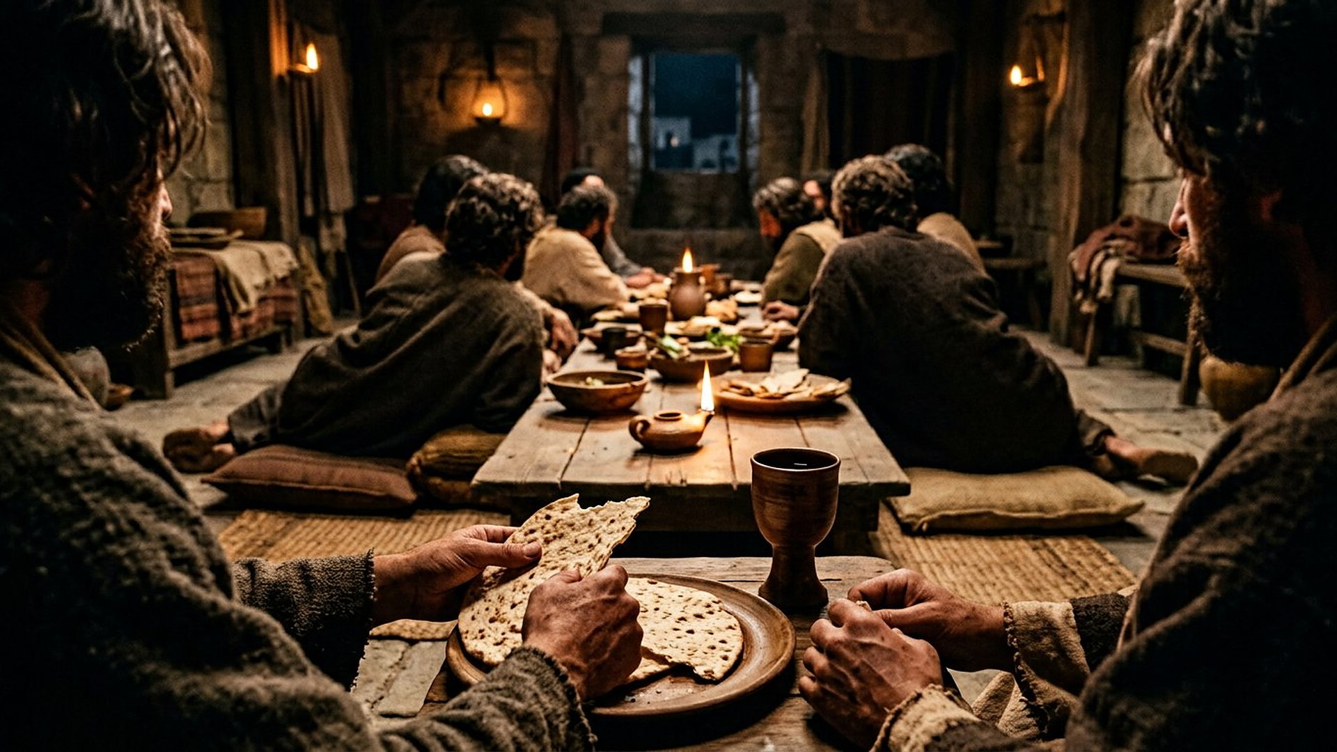 Chambre haute à Jérusalem le soir, disciples vus de dos autour d'une longue table basse, mains rompant un pain plat sans levain près d'une coupe, lampes à huile