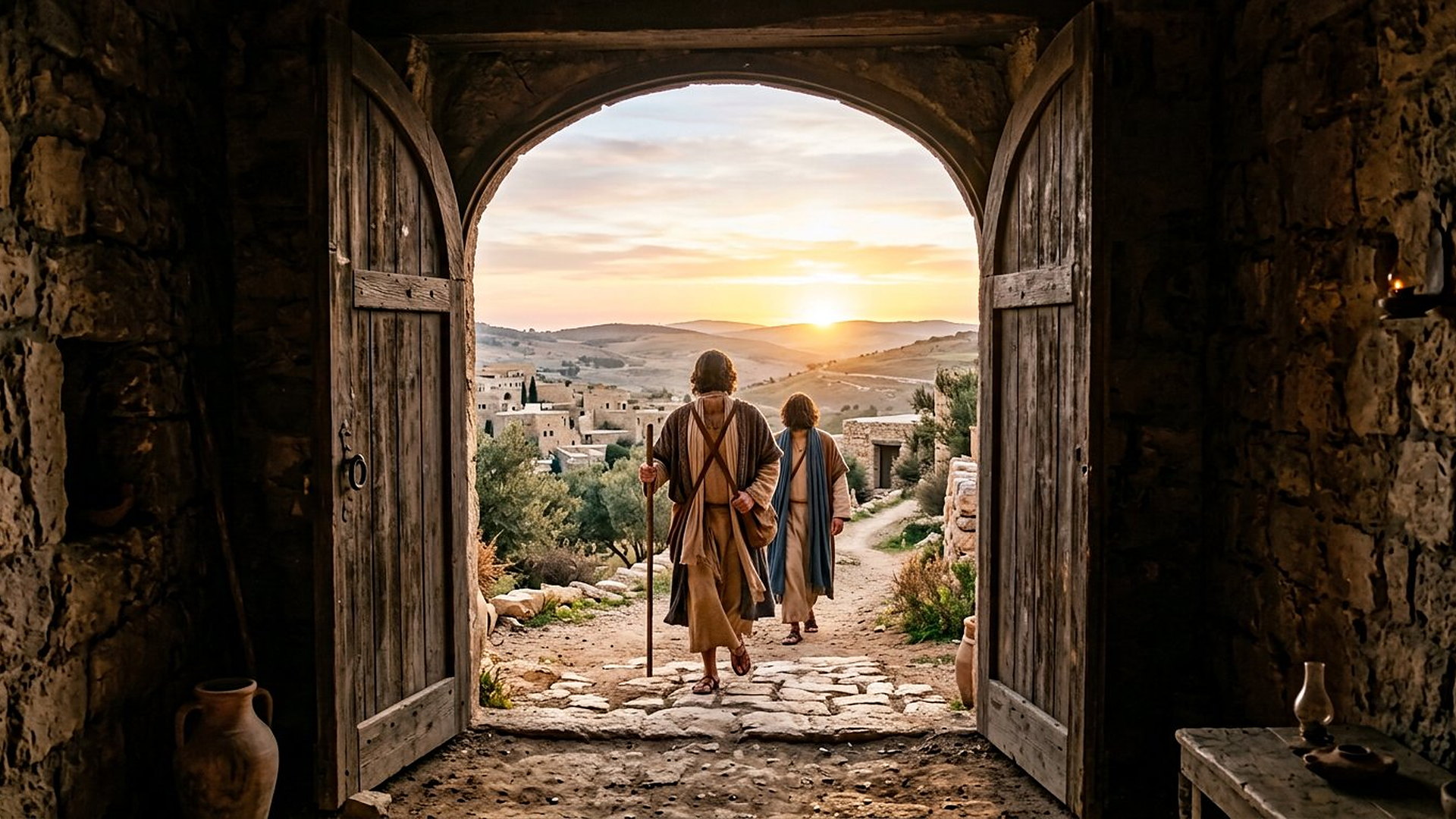 Grande porte de bois ouverte au matin dans une maison de Jérusalem, deux disciples de dos sortant vers un chemin de collines au soleil levant