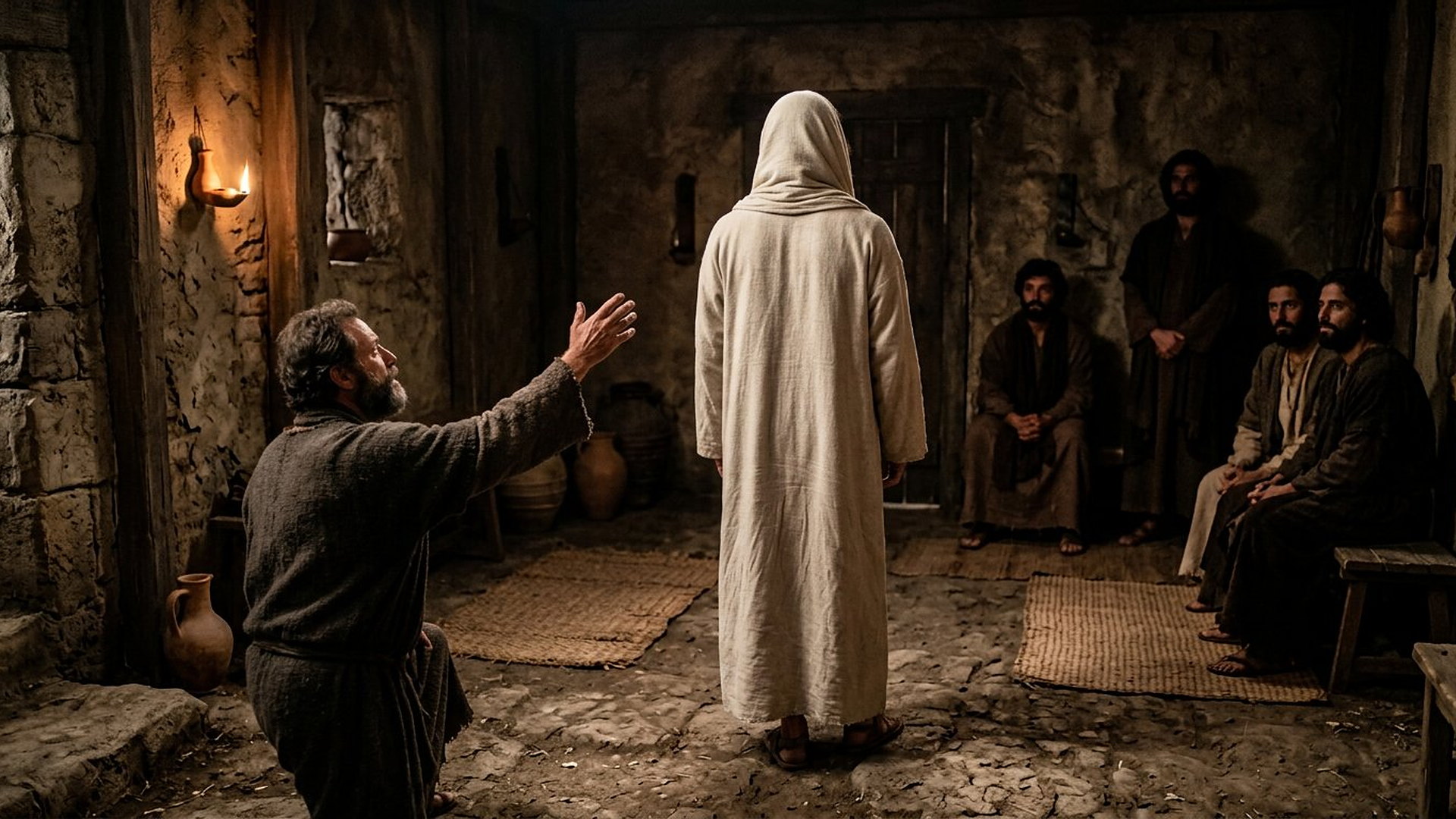 Dans une pièce judéenne éclairée par une lampe, un disciple tend la main avec hésitation vers une figure debout vue uniquement de dos, visage caché, disciples observant dans l’ombre