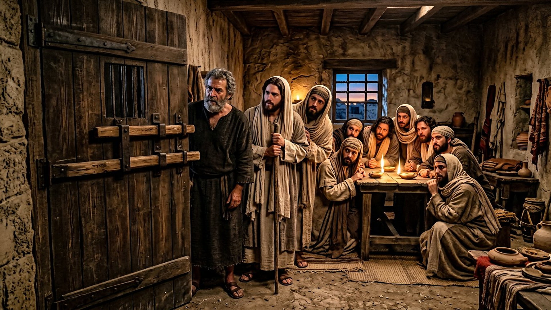Disciples anxieux réunis le soir dans une pièce de Jérusalem derrière une lourde porte de bois verrouillée, lampes à huile et visages tendus