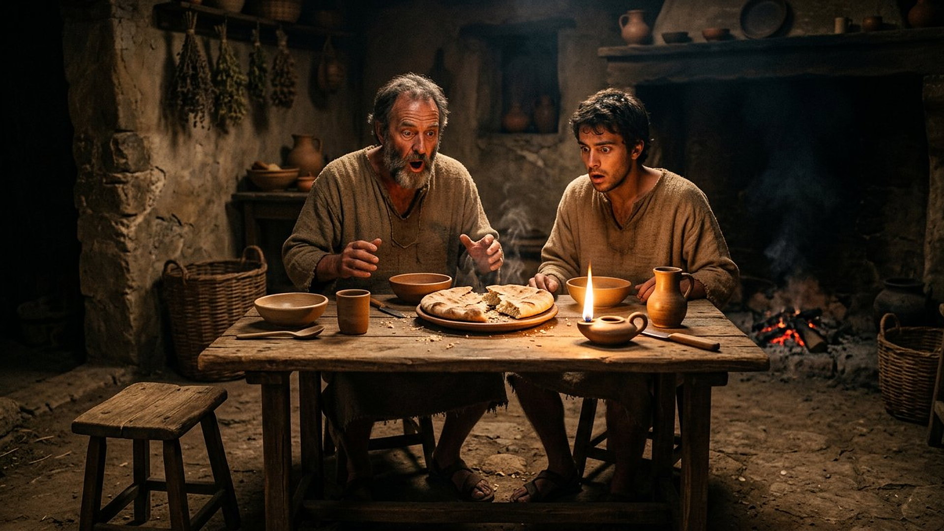 Deux hommes stupéfaits à une table de bois devant un pain plat rompu et fumant, lampes à huile et âtre dans une maison de village ancienne