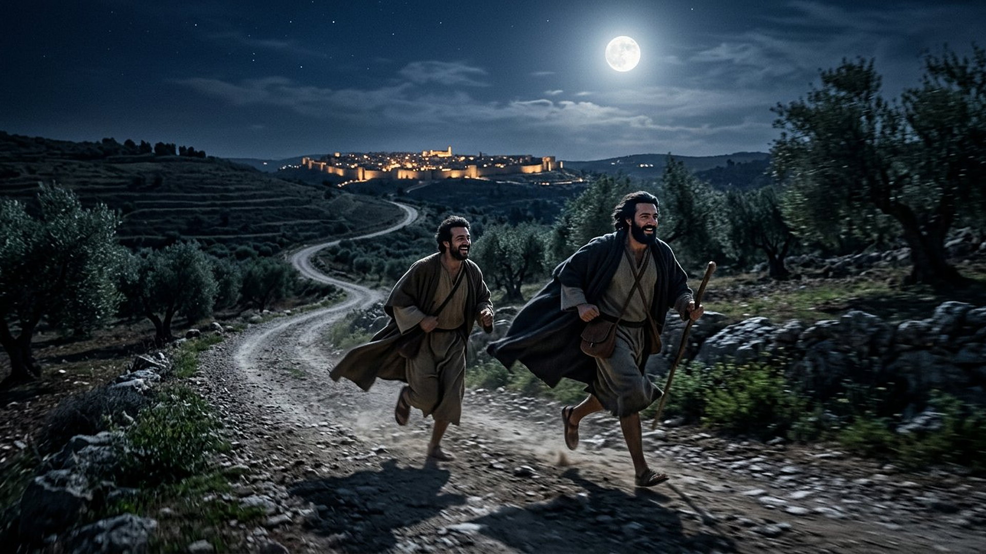 Deux disciples courant joyeusement de nuit au clair de lune sur une route de Judée, au loin Jérusalem illuminée sur sa colline, oliviers et terrasses