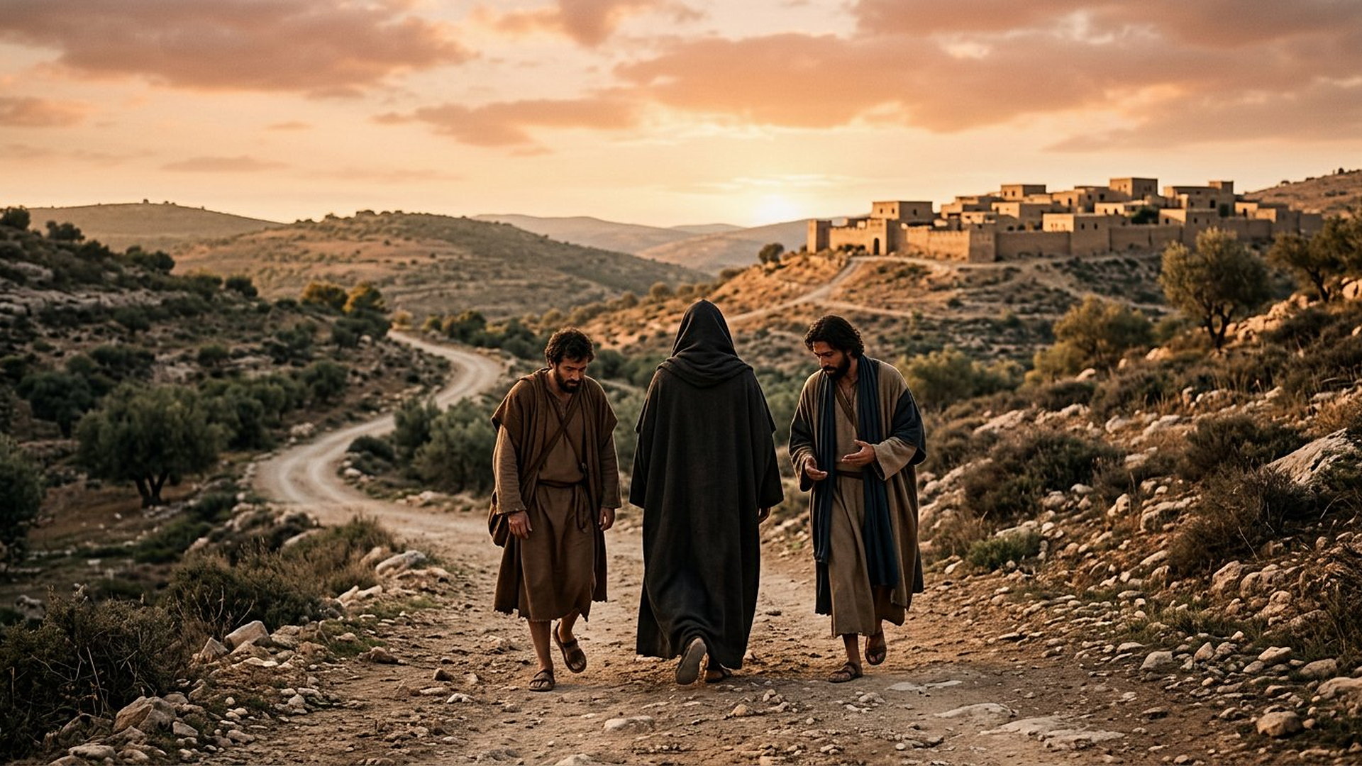 Route de Judée au soleil couchant, deux disciples marchant avec un troisième voyageur vu de dos au capuchon sombre, village de collines au loin