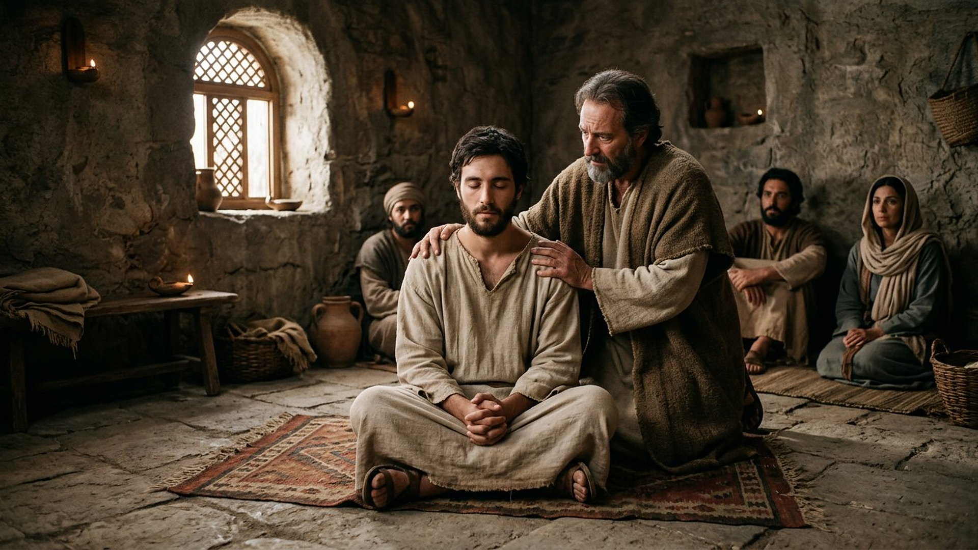 Dans une maison ancienne de Damas, un disciple âgé pose les mains sur les épaules d’un jeune homme aveugle assis en prière, compagnons observant près d’une fenêtre grillagée