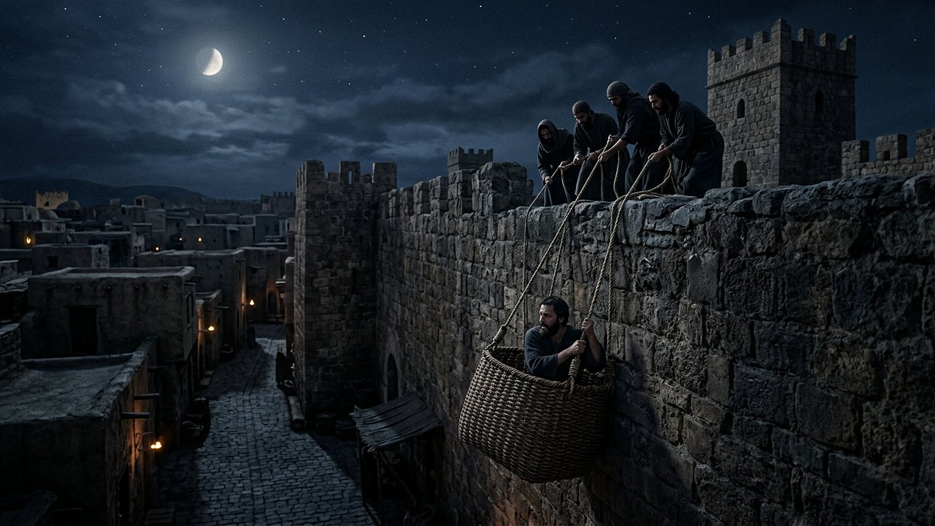 De nuit, au clair de lune, un homme descendu dans une grande corbeille tressée le long de la muraille ancienne de Damas, amis tenant les cordes en haut des remparts