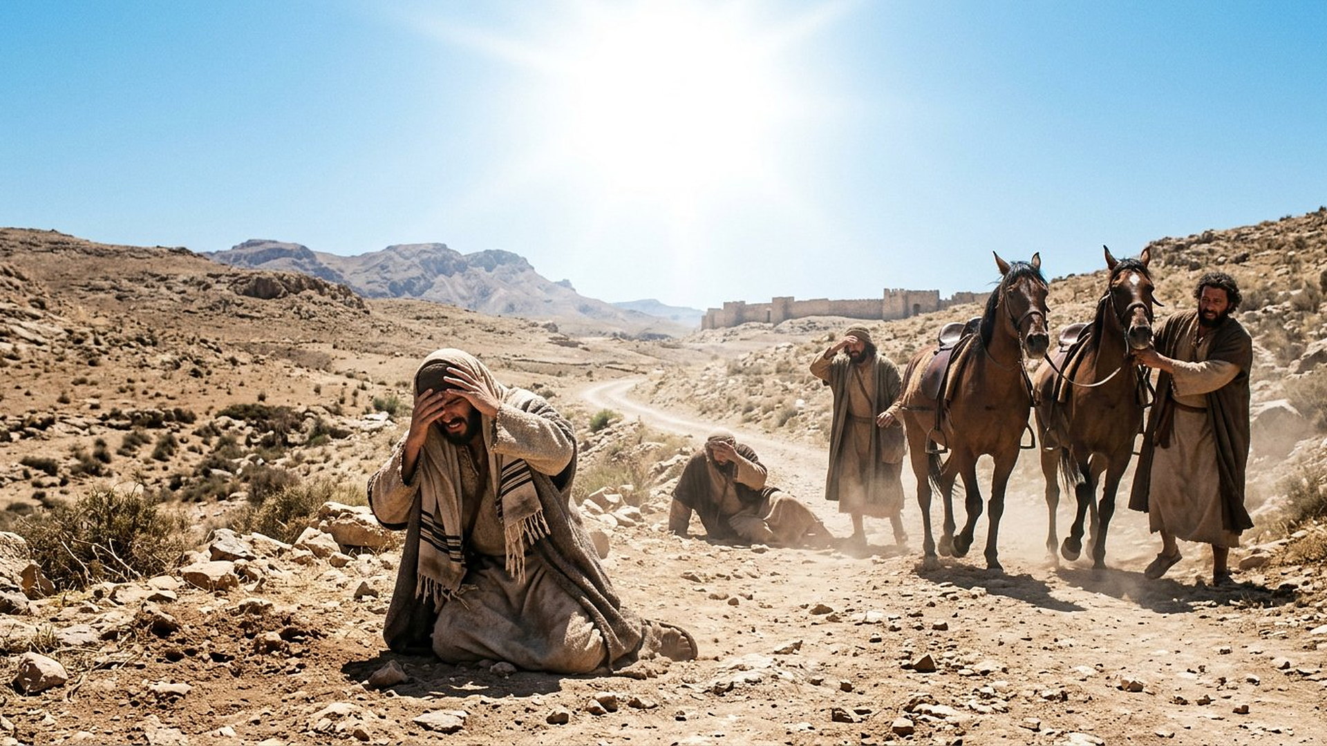 Route rocailleuse vers Damas à midi, un voyageur à genoux se couvrant les yeux devant une lumière éclatante, compagnons et chevaux éblouis en arrière-plan