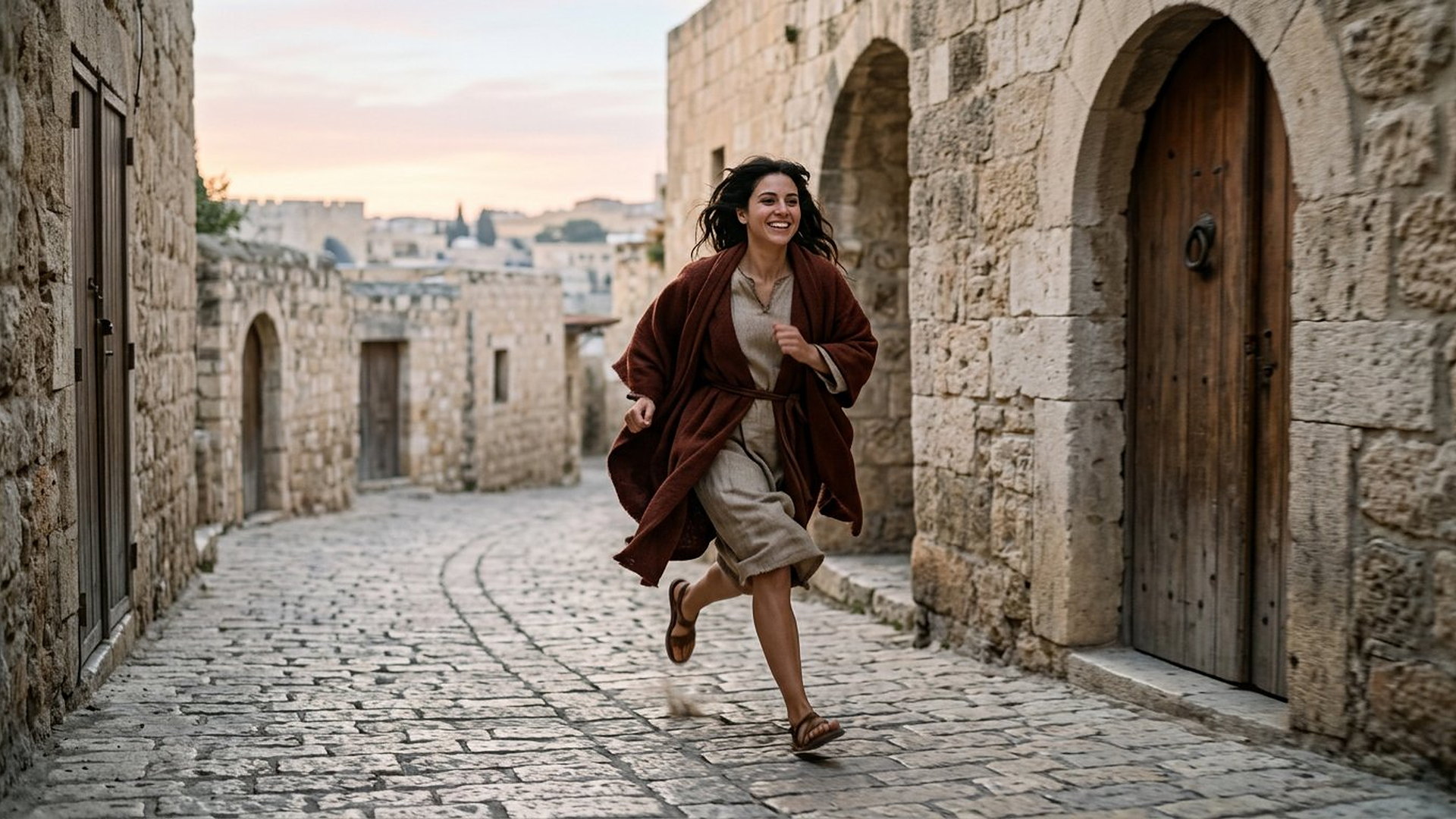 Dans une ruelle pavée de Jérusalem à l’aube, une jeune femme en manteau roux court en souriant, cheveux au vent, entre des maisons de Pierre anciennes