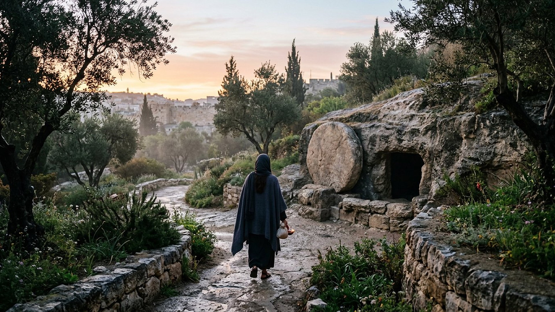 Au lever du jour, une femme en manteau sombre avance sur un sentier de jardin vers un tombeau creusé dans le roc dont la grande Pierre ronde est écartée, oliviers et ville ancienne à l’horizon