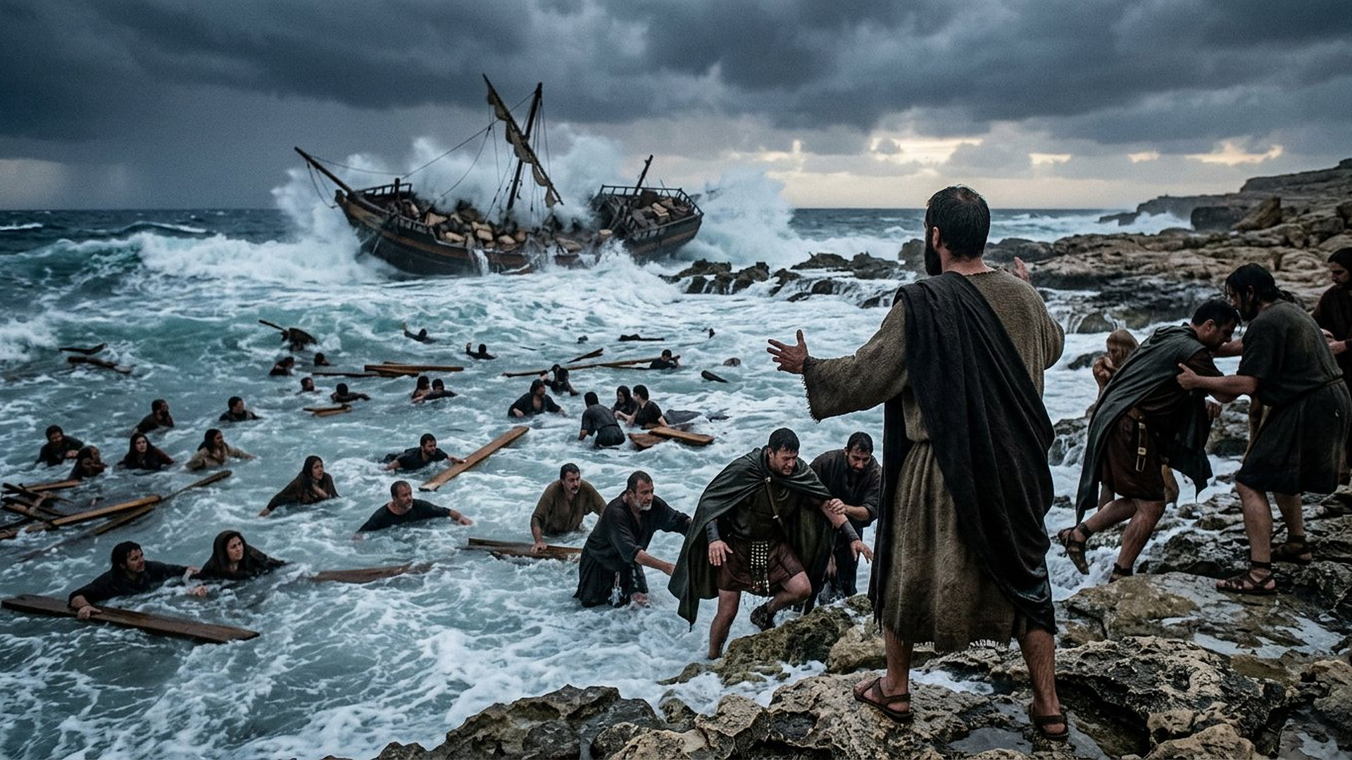 Après une tempête, un navire antique se brise sur des rochers pendant que des naufragés gagnent le rivage sur des planches, un homme barbu vu de dos les encourage depuis les rochers