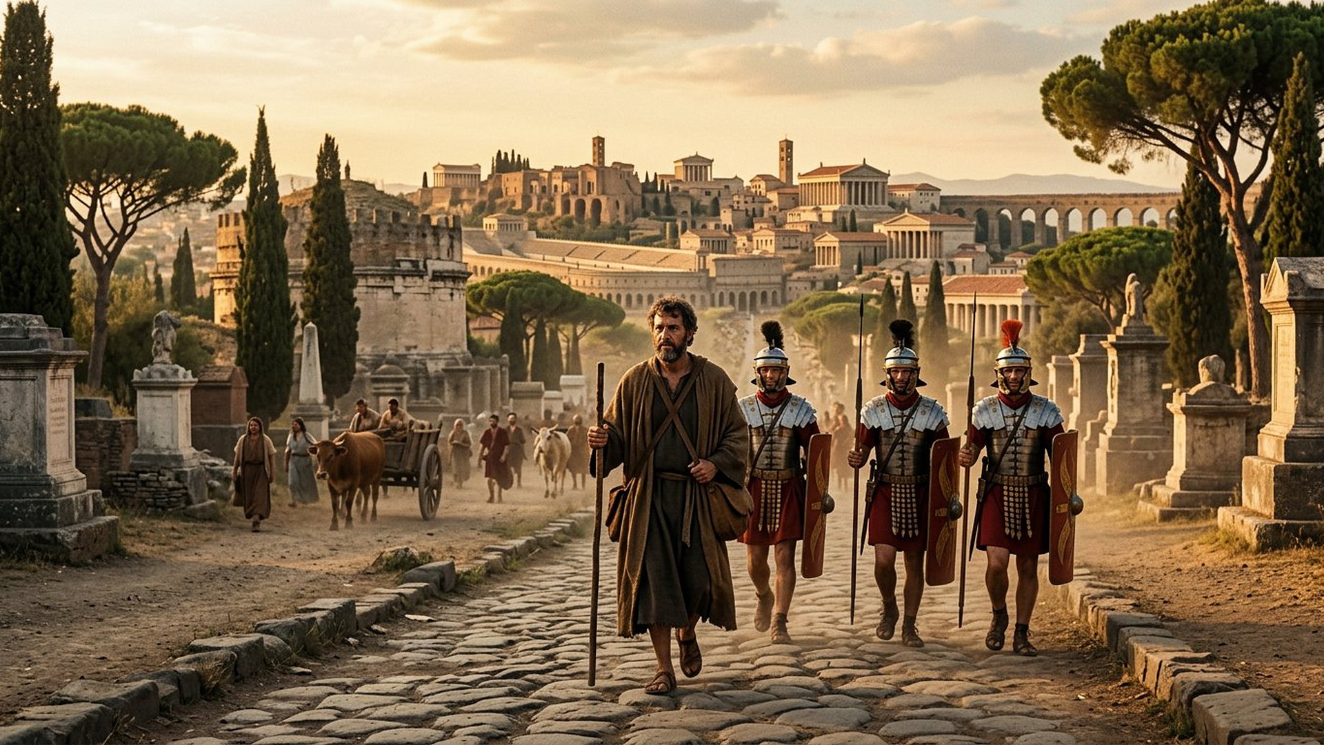 Un voyageur barbu escorté par des soldats romains marche sur la voie Appienne bordée de tombes antiques, avec la Rome républicaine et impériale ancienne au loin, sans le Colisée