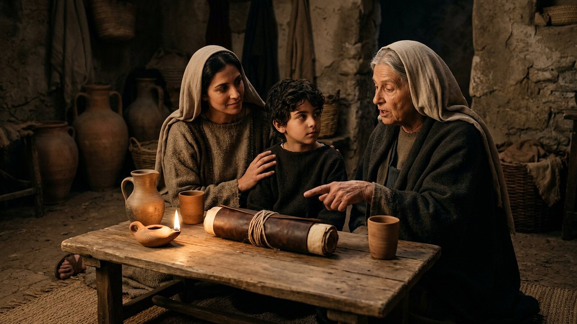 Dans une maison de Pierre éclairée par une lampe, un enfant assis entre sa mère et sa grand-mère écoute un enseignement, un rouleau fermé posé sur la table basse