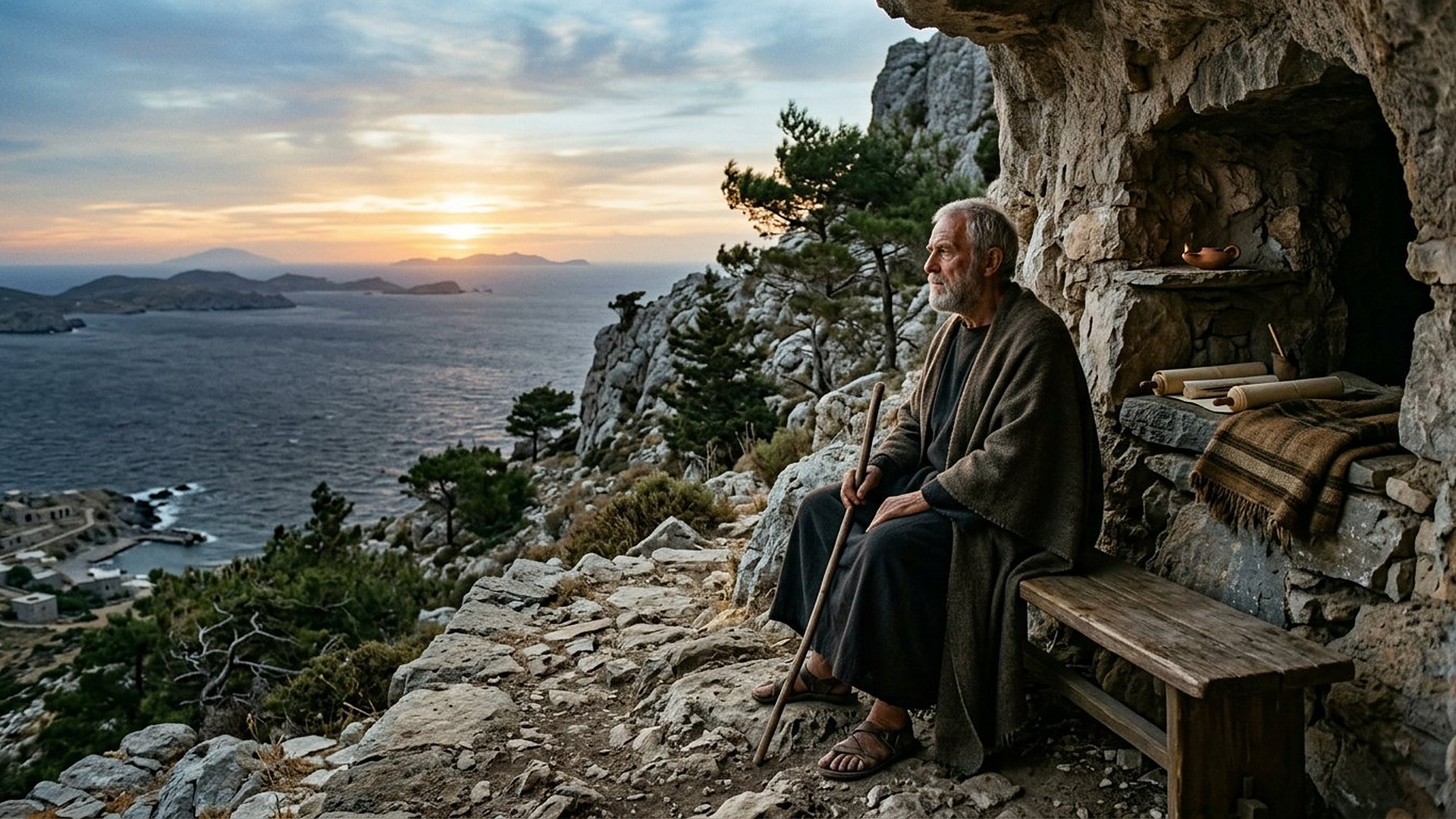 Au lever du jour, un vieil homme barbu assis à l’entrée d’une grotte rocheuse de Patmos regarde la mer Égée, un bâton à la main et des rouleaux près de lui