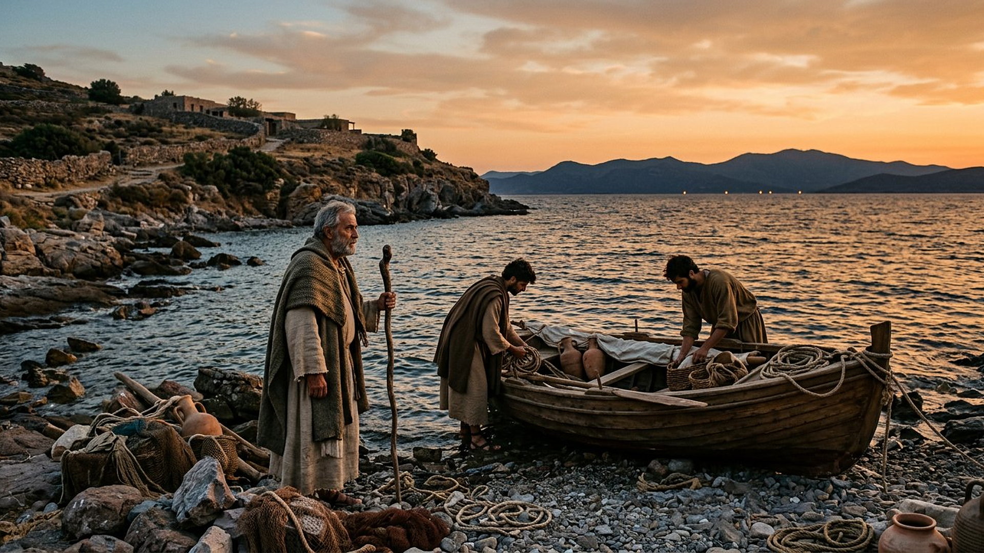 Au couchant, sur un rivage rocheux de Patmos, un vieil homme au bâton regarde deux compagnons charger une petite barque antique, la côte d’Asie mineure au loin
