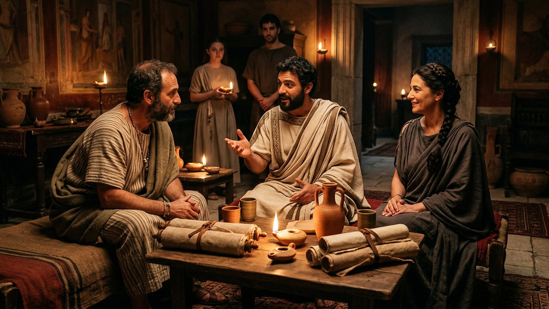 Le soir, dans une maison d’Éphèse, Priscille et Aquilas assis de part et d’autre d’Apollos lui parlent avec attention, rouleaux fermés sur la table et lampes à huile