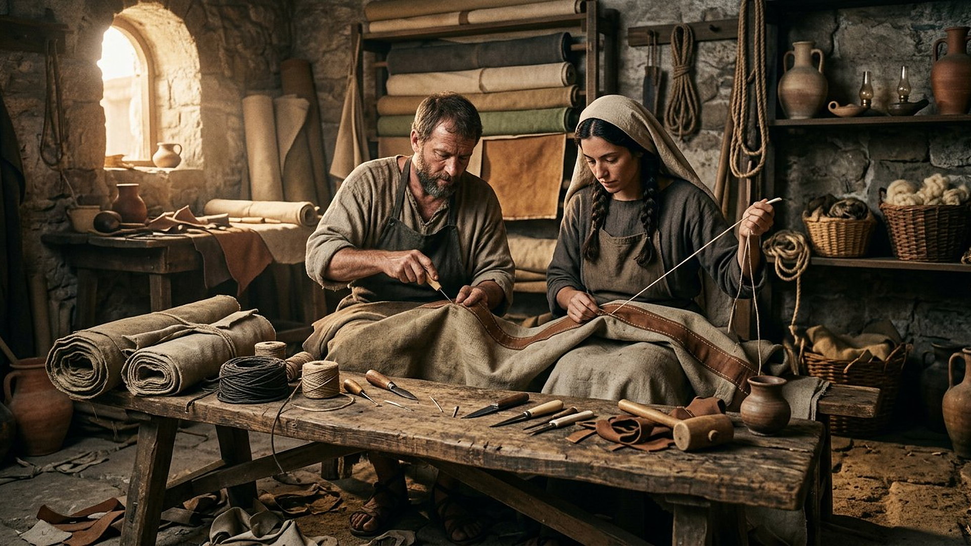 Dans un atelier de Corinthe, un couple de fabricants de tentes coud ensemble une grande toile bordée de cuir, rouleaux de toile, cordes et outils sur l’établi
