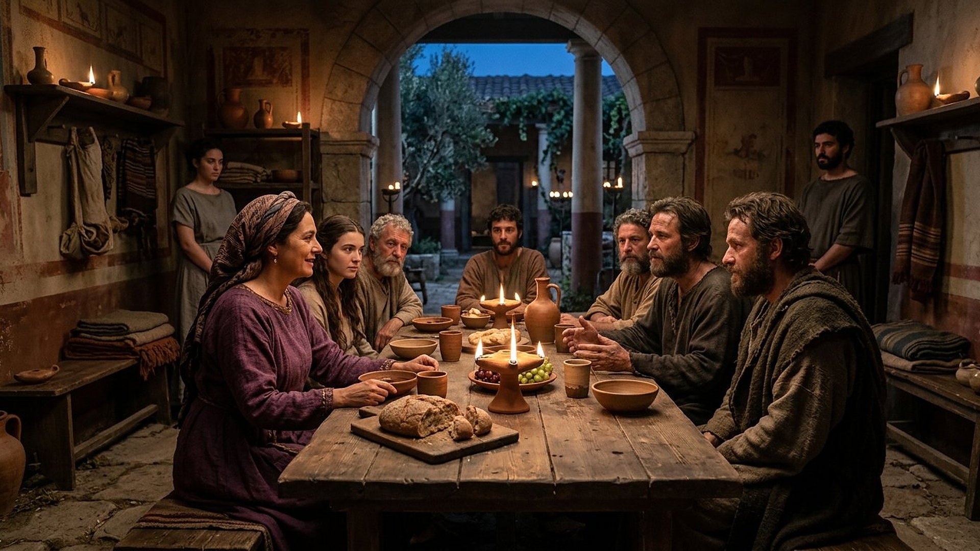 Le soir, dans la cour d’une maison de Philippes, Lydie en robe pourpre préside une table où deux voyageurs fatigués partagent pain et lampe avec les frères rassemblés