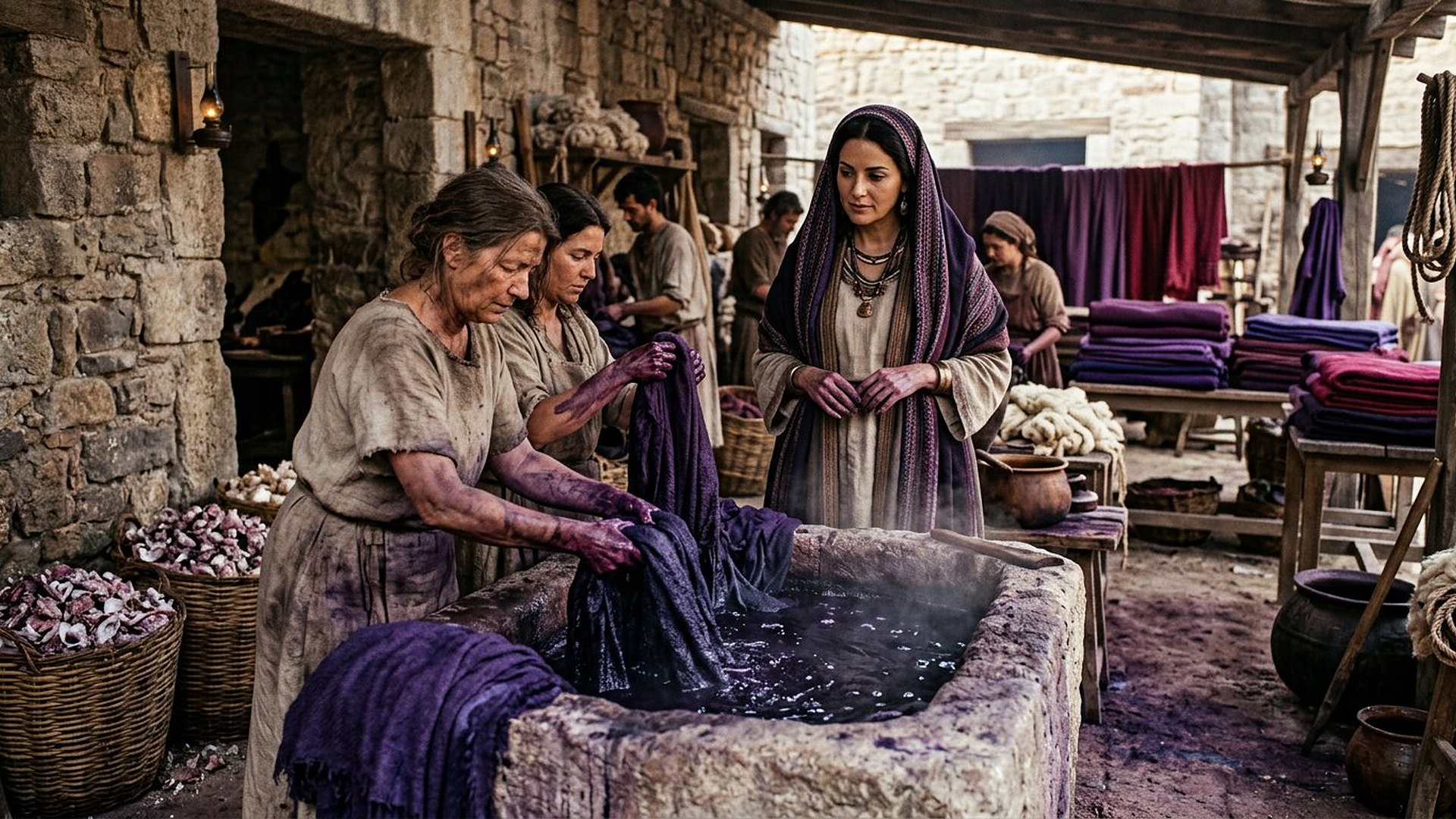 Dans un atelier de teinture antique, des ouvrières aux mains violettes plongent une étoffe dans une cuve de Pierre sombre, Lydie en manteau pourpre supervise près de piles d’étoffes violettes et de paniers de coquillages