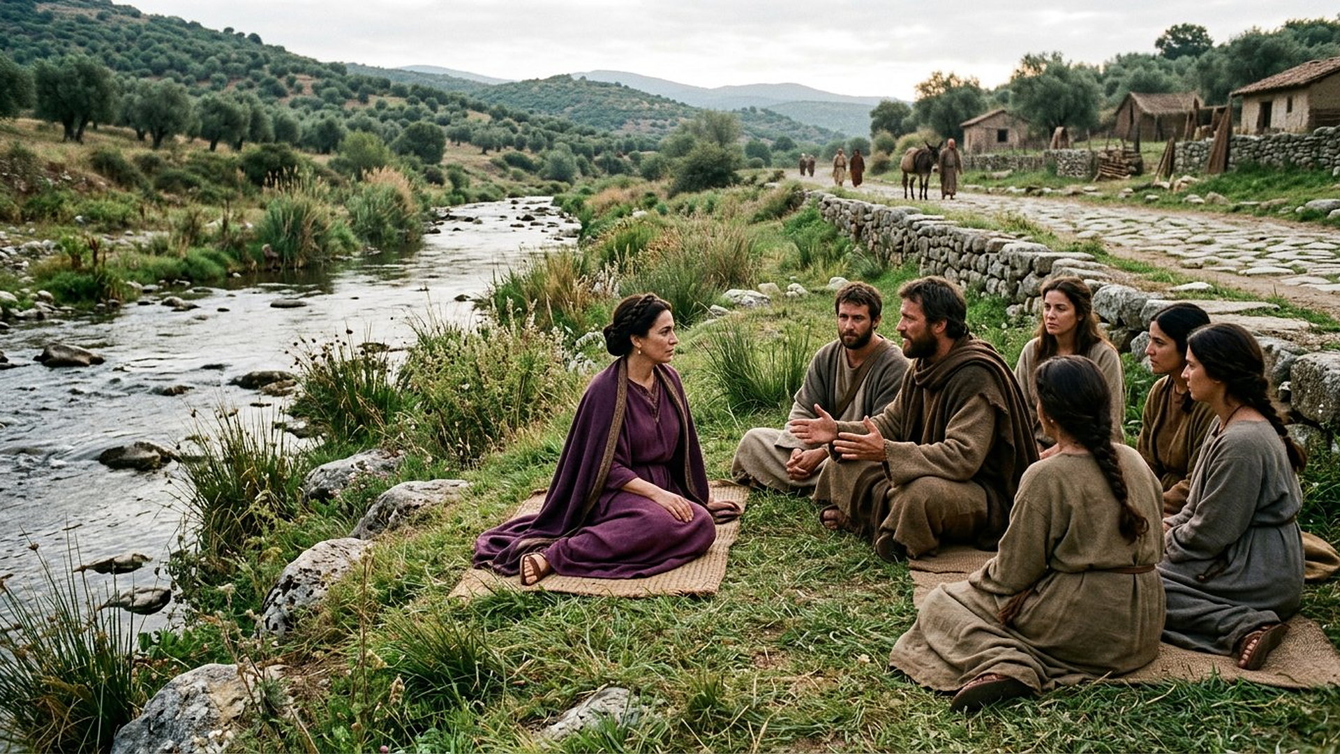 Au bord d’une rivière de Macédoine, Lydie en manteau pourpre écoute deux voyageurs assis avec un petit groupe de femmes près d’un chemin antique